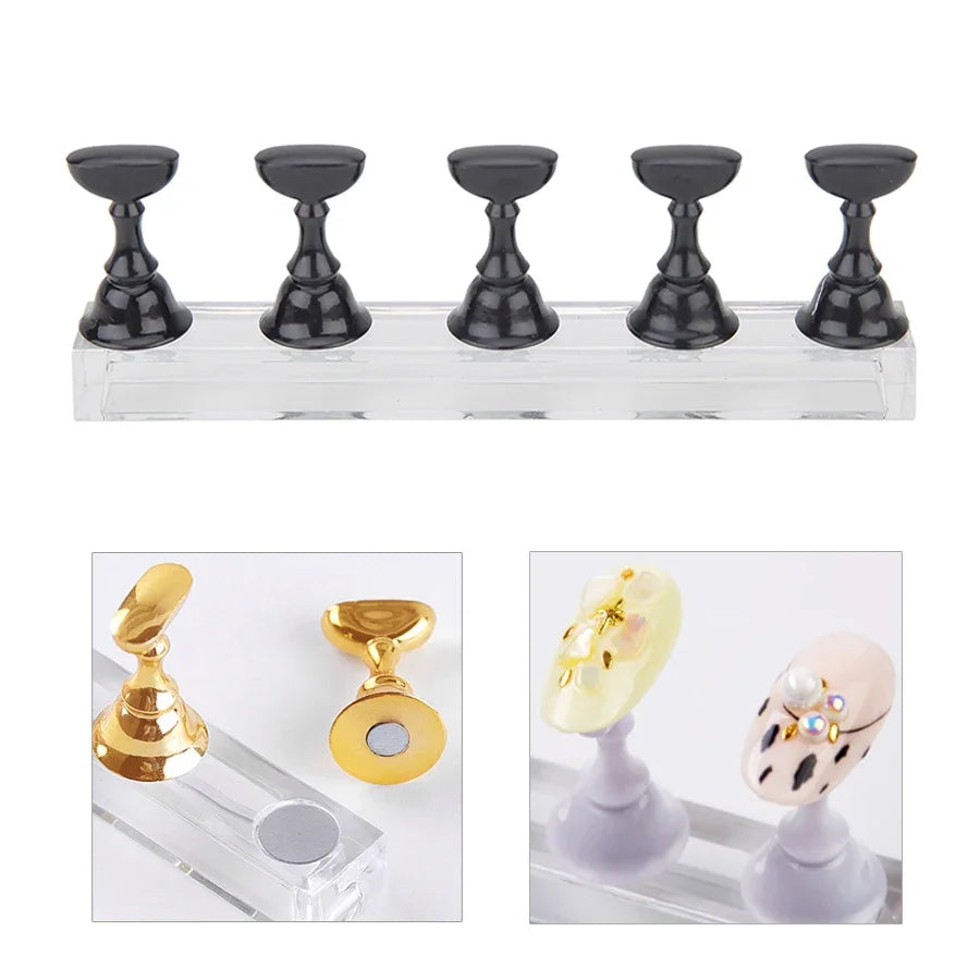 5Pcs Nail Art Practice Display Stand Set Chess Board Magnetic Tips White & Black Holder Polish Gel Color Chart Tool.