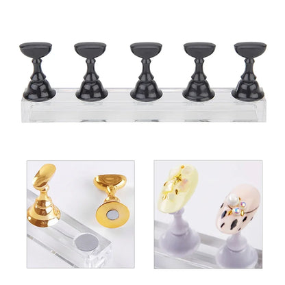 5Pcs Nail Art Practice Display Stand Set Chess Board Magnetic Tips White & Black Holder Polish Gel Color Chart Tool.