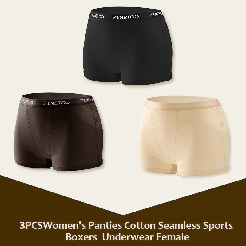 3Pcs Women's Panties Cotton Seamless Sports Boxers Underwear Female Solid Color Briefs Lingerie Intimate Underpant Finetoo S-XXL