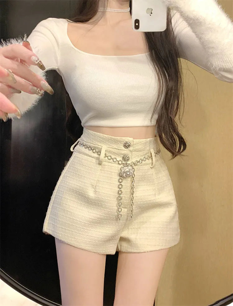 Winter Spring New Arrival Metal Buttons Tweed Shorts Women