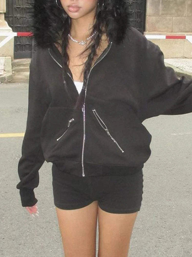 AltGoth Dark Academia Gothic Sweatshirt Women Streetwear Harajuku Vintage Y2k E-girl Cyber Punk Fur Collar Loose Cardigan Tops.