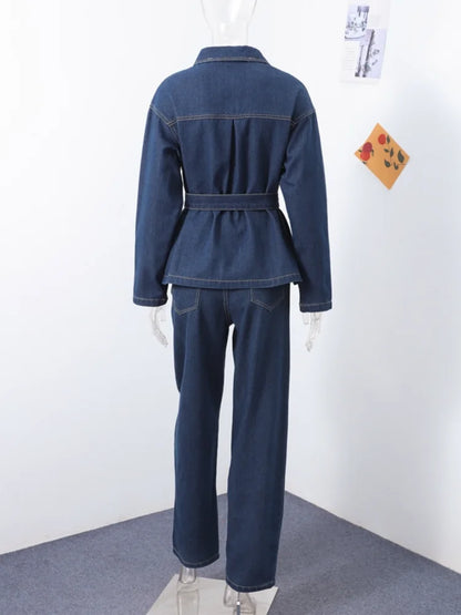 Retro Classic Denim Jacket Pants 2pcs Set Strap Coat Women Straight Leg Pants Autumn Stylish Women's Casual Suit.