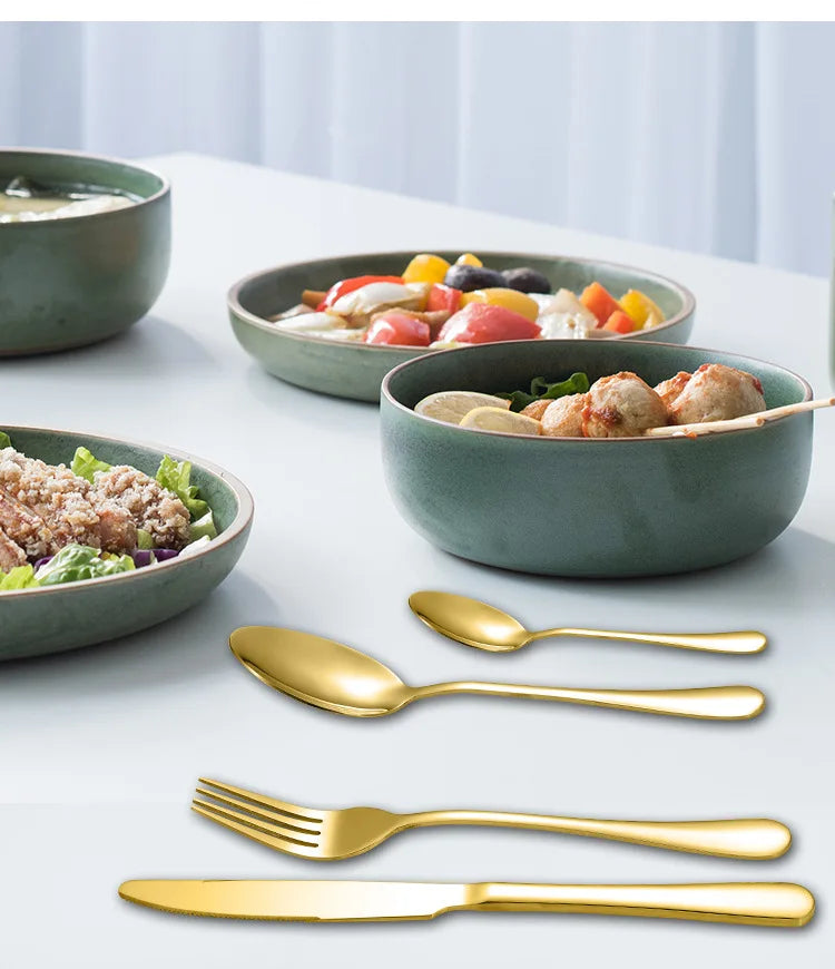 24pcs Golden Tableware Set Light Luxury Stainless Steel Cutlery Fork Knife Spoon Dinnerware Set Minimalist Decor with Gift Box.