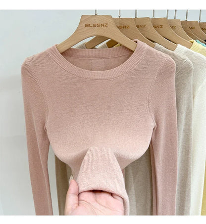 Spring  Basic O-Neck Slim T-Shirt Women Solid Multi Color All-Match Trend Casual Top Screw Knit Long Sleeve Elastic Office Lady