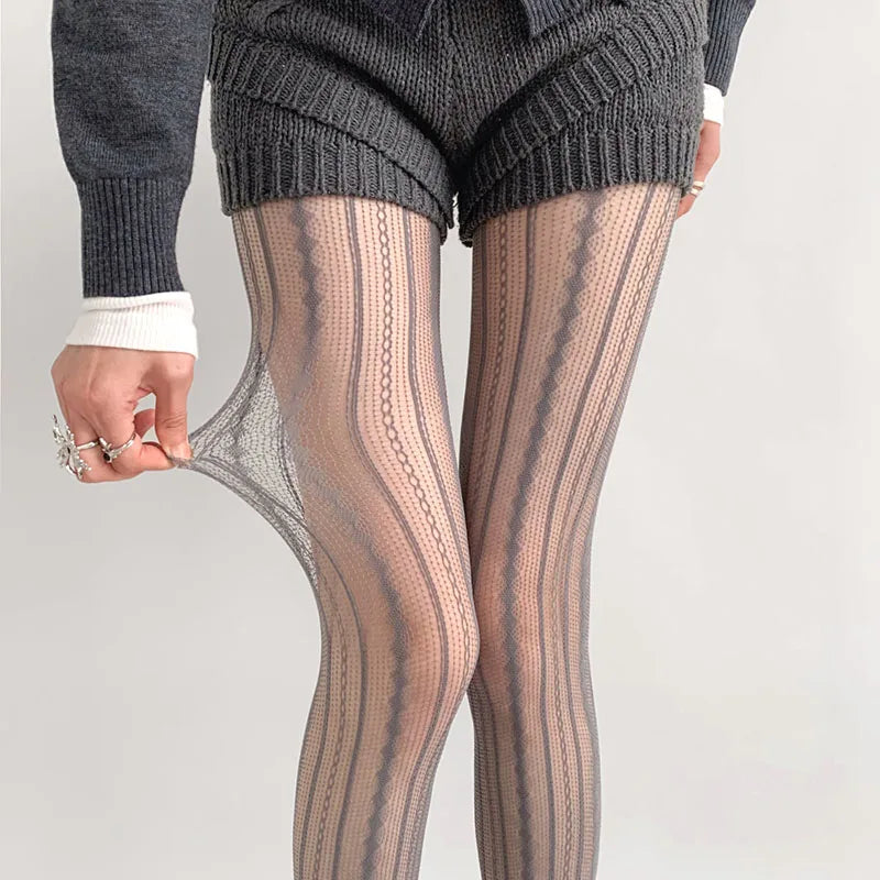 Female Vintage Fishnet Lace Pattern Tights Hollowed Rhombus Striped Geometric Jacquard Pantyhose Anti-pilling JK woman Legging