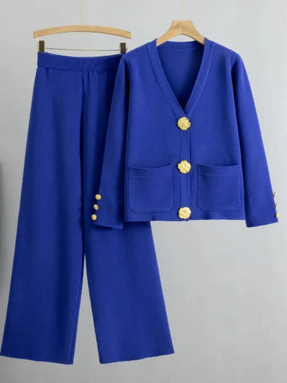 2 Piece Sets Muslim Ensemble Knitting Outfits Women Cardigan Sweater Buttons Pockets Knit Wide Leg Pants Suit Casual Knitwear.