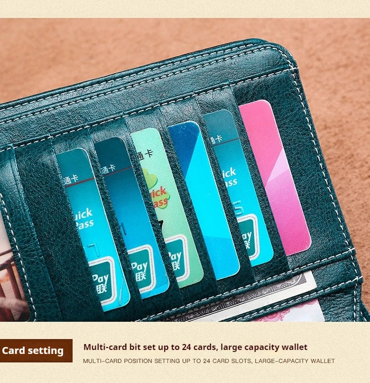 Vintage Large Capacity Women's Purse, Oil wax skin, Multi-card, Long Wallet, Multi-function Zipper Strap, Wrist Strap, New.