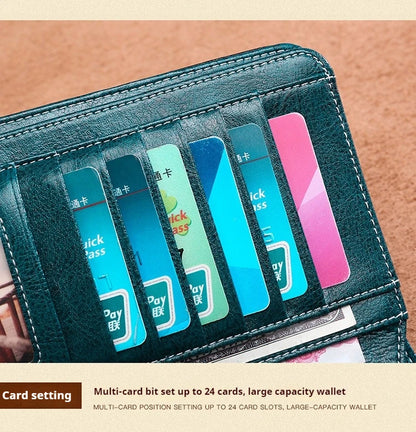 Vintage Large Capacity Women's Purse, Oil wax skin, Multi-card, Long Wallet, Multi-function Zipper Strap, Wrist Strap, New.