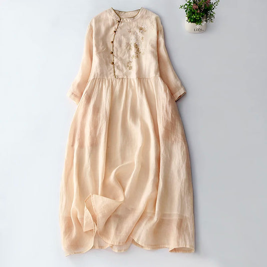 Vintage lange Damen kleider neue chinesische Stickerei koreanische Kleidung Sommer Kurzarm lose Freizeit kleid