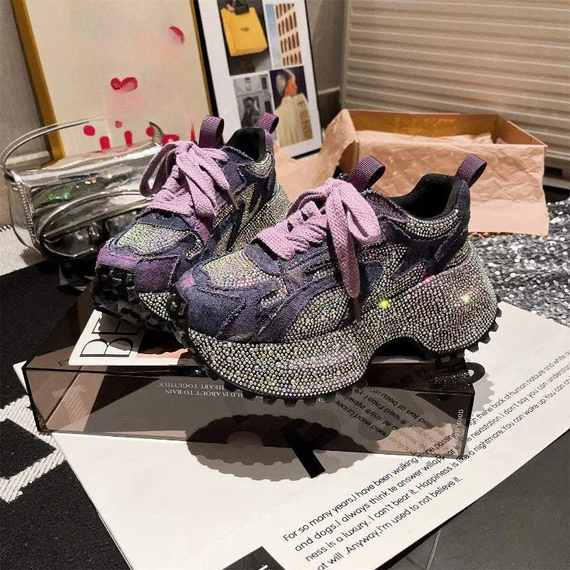 Washed Denim Rhinestone Platform Women's Shoes New Heightened Casual Sneakers 2025.