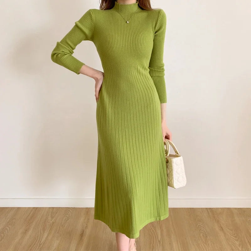 Herbst Winter 2023 Schlank Langarm Party Midi Kleid für Frauen Gestrickte Halb Hohen Kragen Elegante Gestrickte Pullover Kleider Damen.