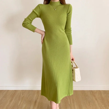 Herbst Winter 2023 Schlank Langarm Party Midi Kleid für Frauen Gestrickte Halb Hohen Kragen Elegante Gestrickte Pullover Kleider Damen.