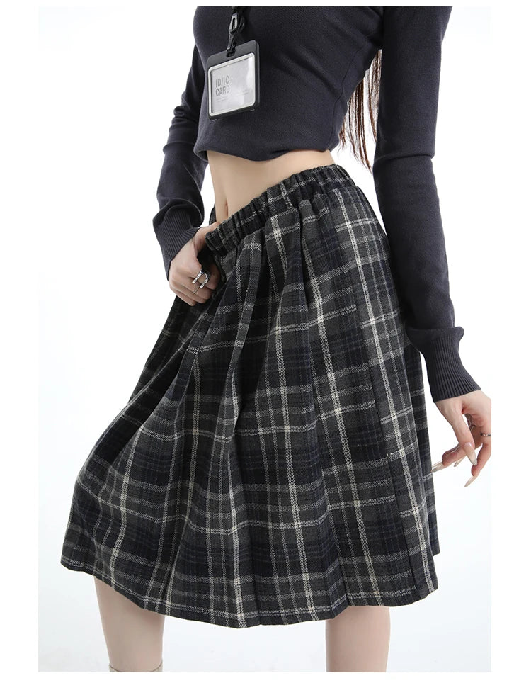 Preppy Style Woolen Pleated Plaid Skirt Women Fall Winter Retro Elastic High Waist Skirts Female Japanese A Line Faldas 2025 New.