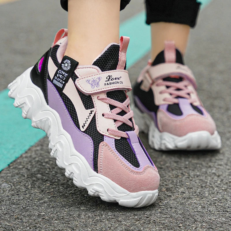 Fashion Children Shoes Girls Sneaker Black Pink PU Leather Platform Casual Sneaker School Tennis Sports Shoes for Girls.