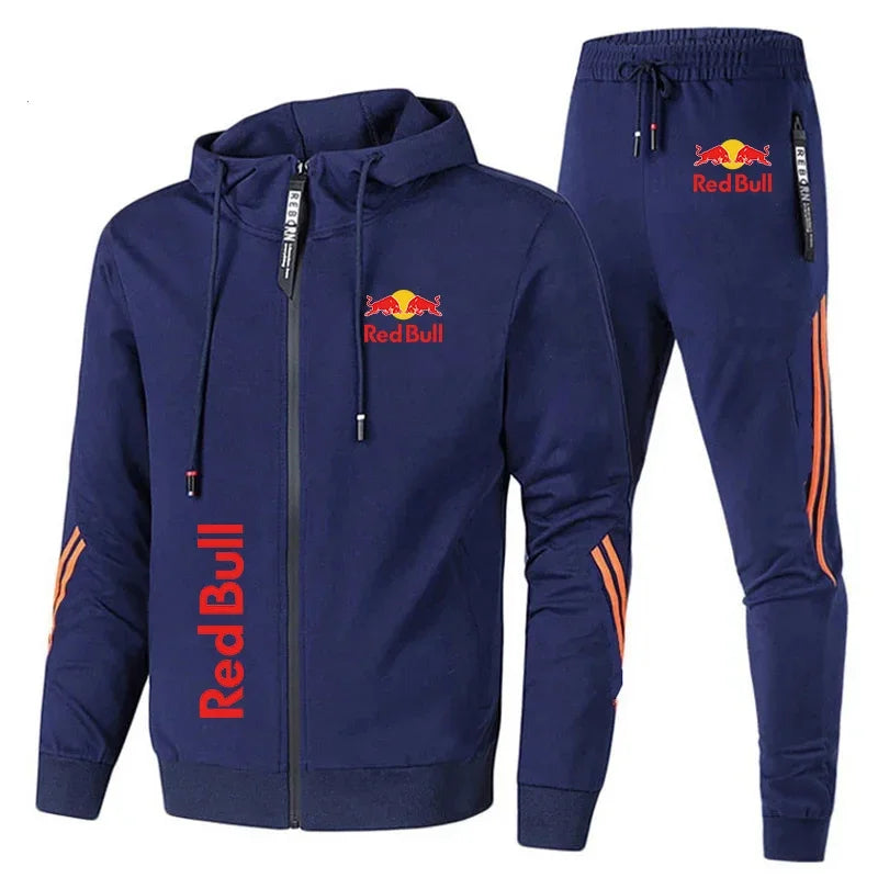 Red Bull Racing Logo Print Men Sportswear Hoodie Sets Zip Sweatshirt+Pants 2 Piece Suit Extreme Sports Custom Red Bull Tracksuit.