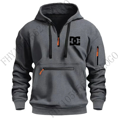 New men's hooded sportswear for autumn and winter 2025, long-sleeved multi-zipper pocket outdoor fishing casual pullover.