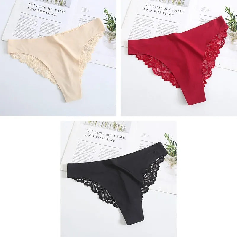 3PCS Women's Sexy Lingerie Panties Lace Plus Size Briefs Low Waist Underpants Intimates Seamless Briefs Silk Panty Women Tangas.