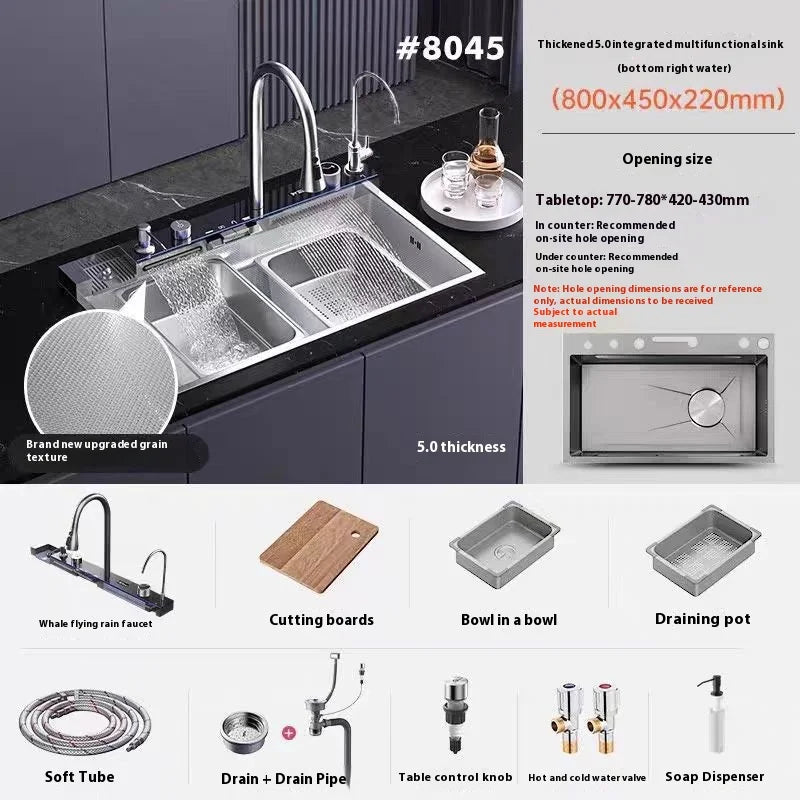 Stainless Steel Silver Kitchen Sink Multifunction Waterfalls Intelligent Digital Display Faucet Household Large Single Slot