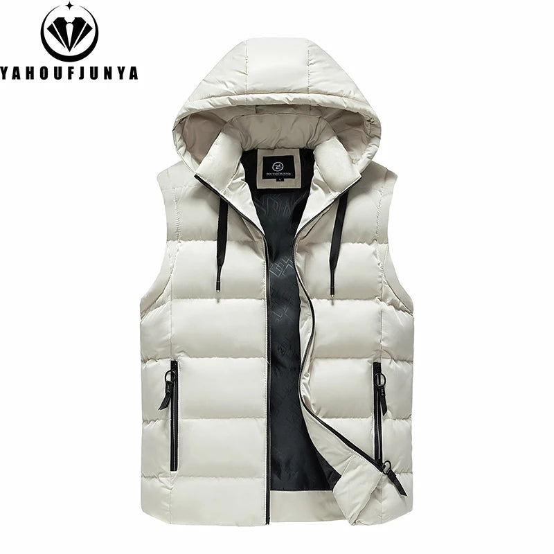 Men Autumn Sleeveless Outdoors Casual Solid Warm Vest Men Winter Detachable Hooded Fleece Pocket Zipper Fashion Vest Male Coat.