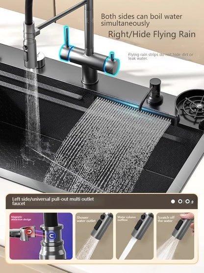 Stainless Steel Kitchen Sink With Waterfall Nano Embossed Large Single Slot Vegetable and Dishwashing Sinks Udermount Basin