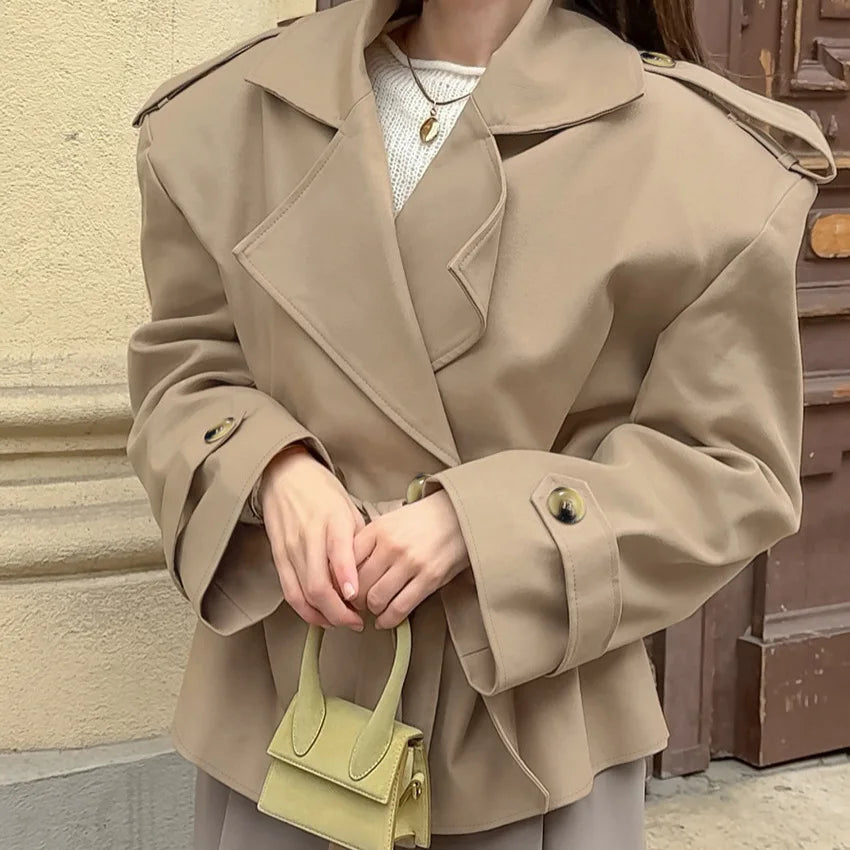 2025 Women Fall Lace-up Cropped Trench Coat Fashion Lapel Long Sleeves Wide Shoulder Windbreaker Jacket Commuting Daily Jackets