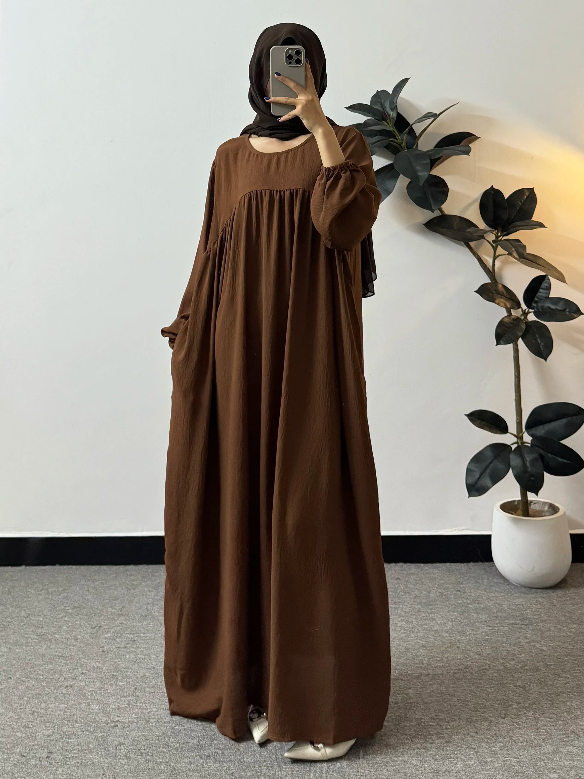 Full Sleeve Loose Maxi Prayer Dress Muslim Modest Dresses Jilbabs Casual Solid Pockets Robe Long Ramadan Dress Women Abayas.