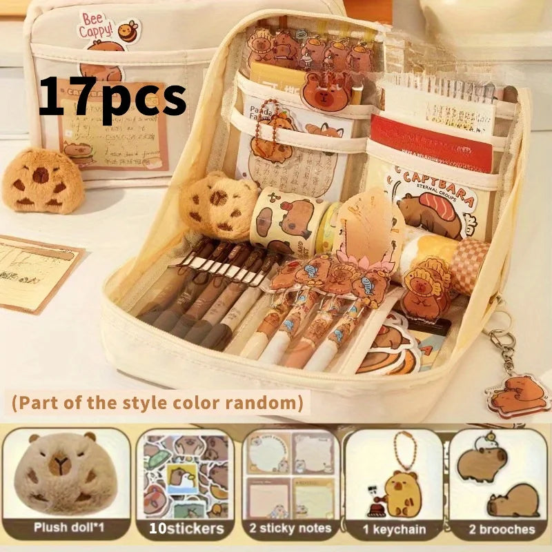 17-teiliges Capybara-Briefpapier-Set, süßes Capybara-Federmäppchen, mehrschichtige Schul-Bleistiftbox mit Aufklebern, Schlüsselanhänger, Brosche.