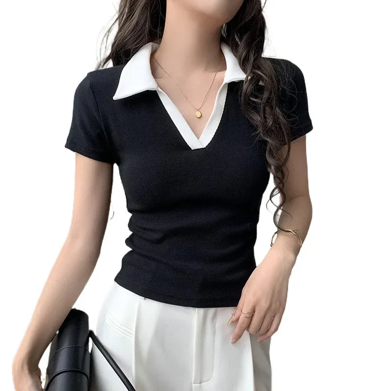 Chic Short Sleeve Polo Neck T-Shirt Women's Summer New Design Sensation Gexuan Fashionable Flip Collar Shoulder Length.