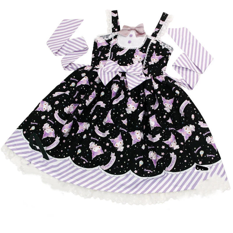 Anime My Melody Lolita Kleid Cinnamoroll Prinzessin Kleid Kuromi Süßer süßer Druck Schleife Spitze Party Trägerkleid Kawaii Academy Kleid.