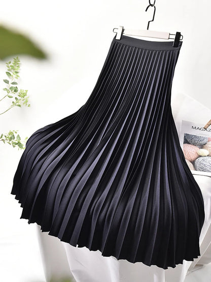 Brand Designer Women Spring Autumn Elegant Chic Solid Pleated Skirt High Waist Luxury Fashion With Elastic Female C-035.
