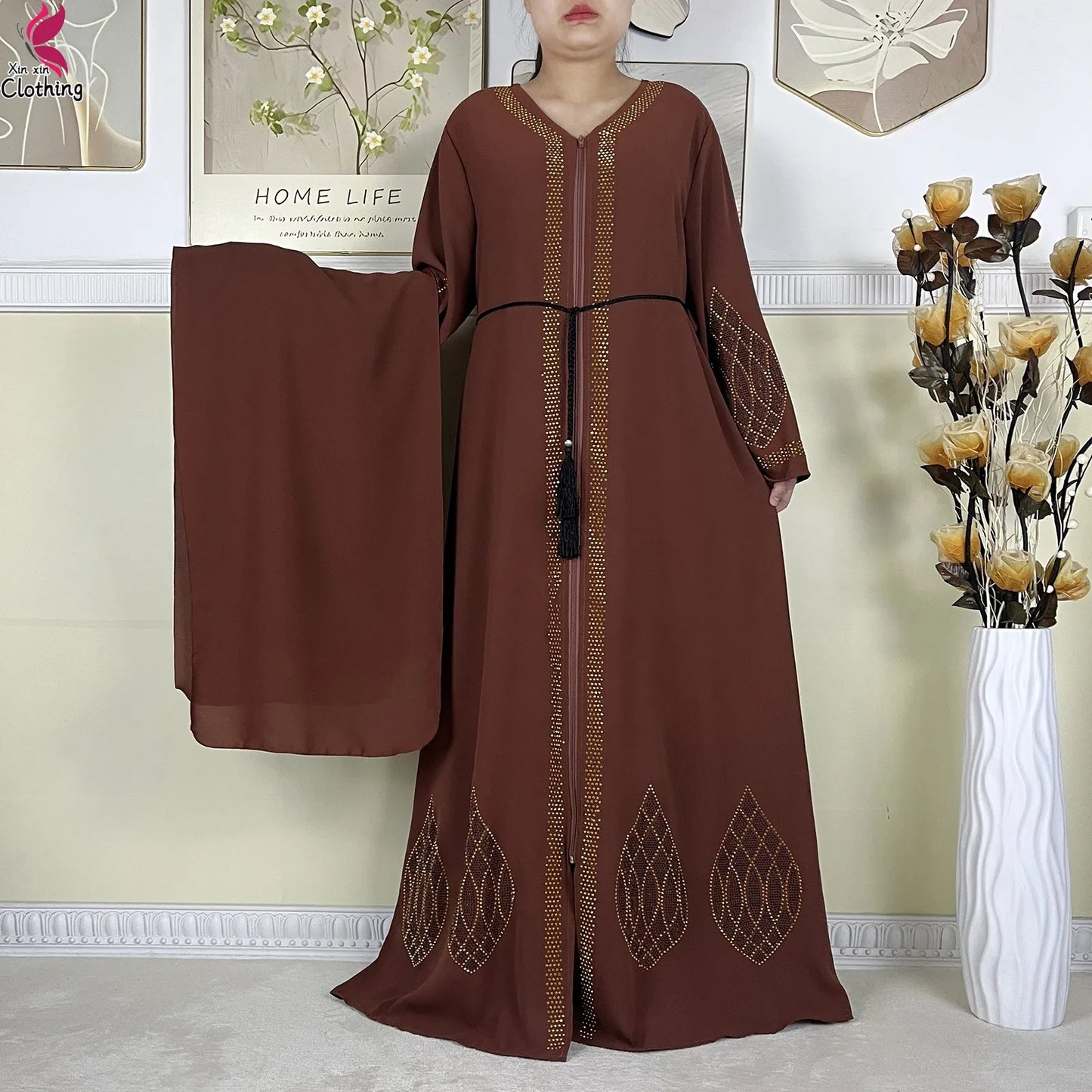 New Dubai Women Elegant Dress Diamonds Chiffon Open Abaya with Zipper Islamic Turkey Clothing Women Muslim Party Evening Dress