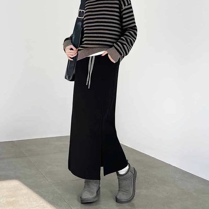 Women's Gray Split Midi Skirts Elasticity Waist Casual Loose Long Skirts Female Autumn Winter Thicken Plus Velvet Straight Skirt.