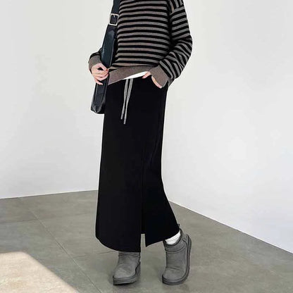 Women's Gray Split Midi Skirts Elasticity Waist Casual Loose Long Skirts Female Autumn Winter Thicken Plus Velvet Straight Skirt.