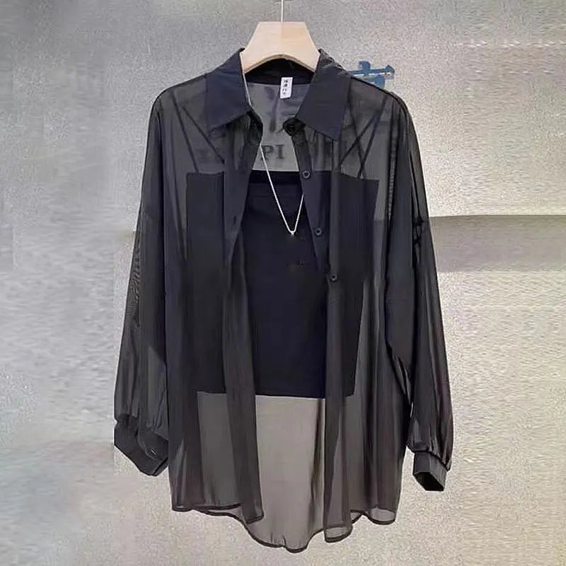 Sheer Chiffon Shirt Women's Casual UV Resistant Cardigan Summer Thin Commuting Coat Japanese Fashion Mesh Sunscreen Clothing Y2k