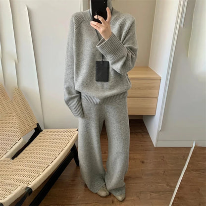 Zweiteiliger Anzug aus 100 % Merinowolle für Damen, O-Kragen-Pullover, Pullover, weites Bein, Hosen-Set, Herbst-Winter, lockere, bequeme Strickwaren