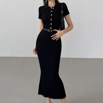 OCEANLOVE Meerjungfrau Rüschen Kleider für Frauen Gestrickte Solide Einreiher Sexy Vestidos Mujer Mode Frühjahr Sommer Langes Kleid