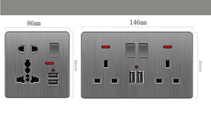 Große Neigungssteckdose im nordischen Stil, grau, 13 A, elektrische Schaltersteckdose nach britischem Standard, universelle Wand-Doppelsteckdose mit USB-Anschluss 2,1 A.
