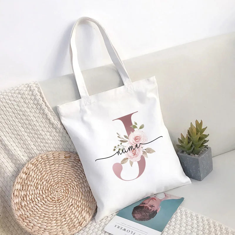 Custom Name White Canvas Tote Bag Large Capacity Foldable Supermarket Shopping Bag for Women Shopper Personalized Handbags.