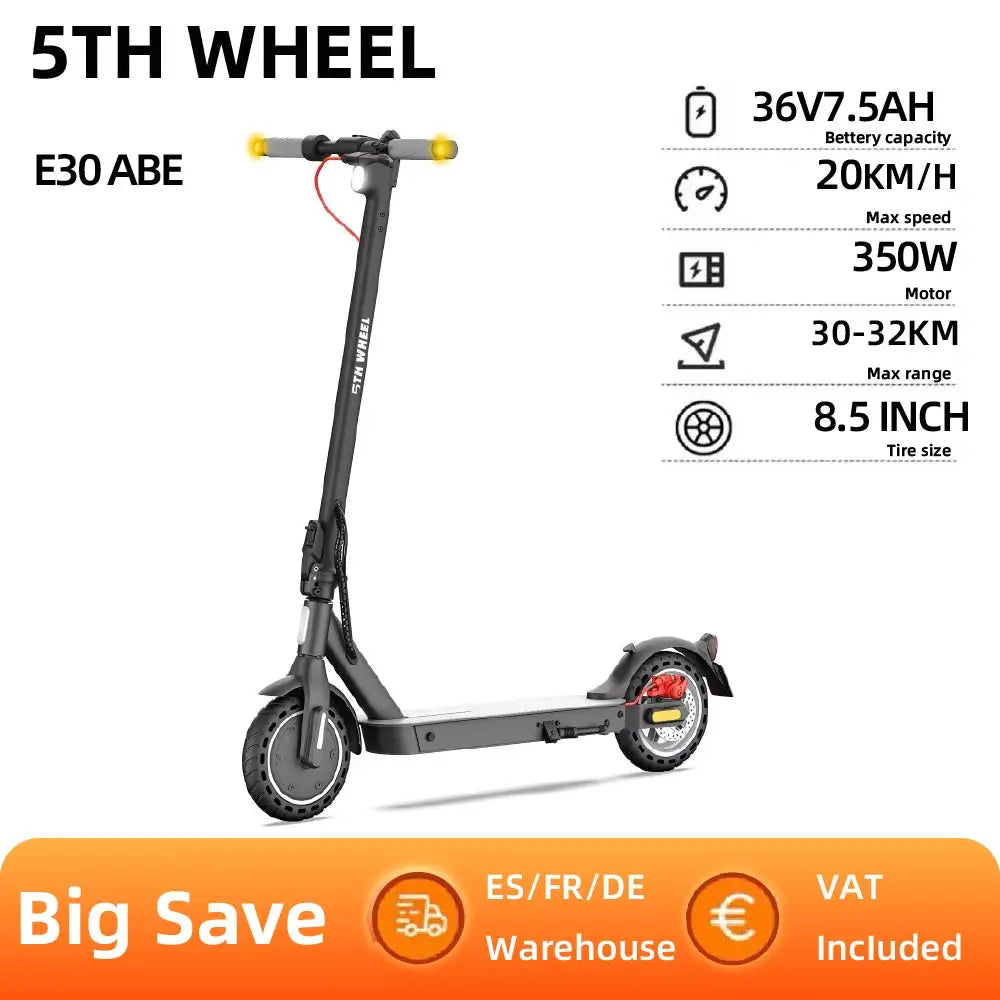 5TH WHEEL E30 ABE Adult Electric Scooter 350W Motor 36V 7.5AH Battery City Electric Scooter 8.5" Solid Tires Foldable E-Scooter.
