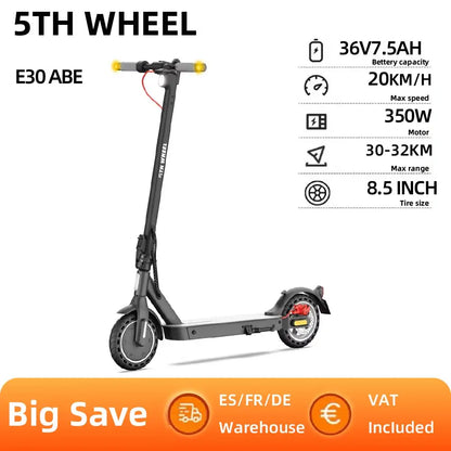 5TH WHEEL E30 ABE Adult Electric Scooter 350W Motor 36V 7.5AH Battery City Electric Scooter 8.5" Solid Tires Foldable E-Scooter.