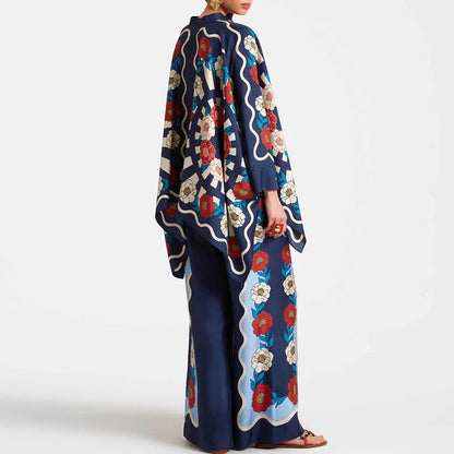 Retro Printed Loose Indie Folk Outfit Women Spring Stand Collar Button Irregular Top+Pant Set Fall Batwing Long Sleeve 2pcs Suit