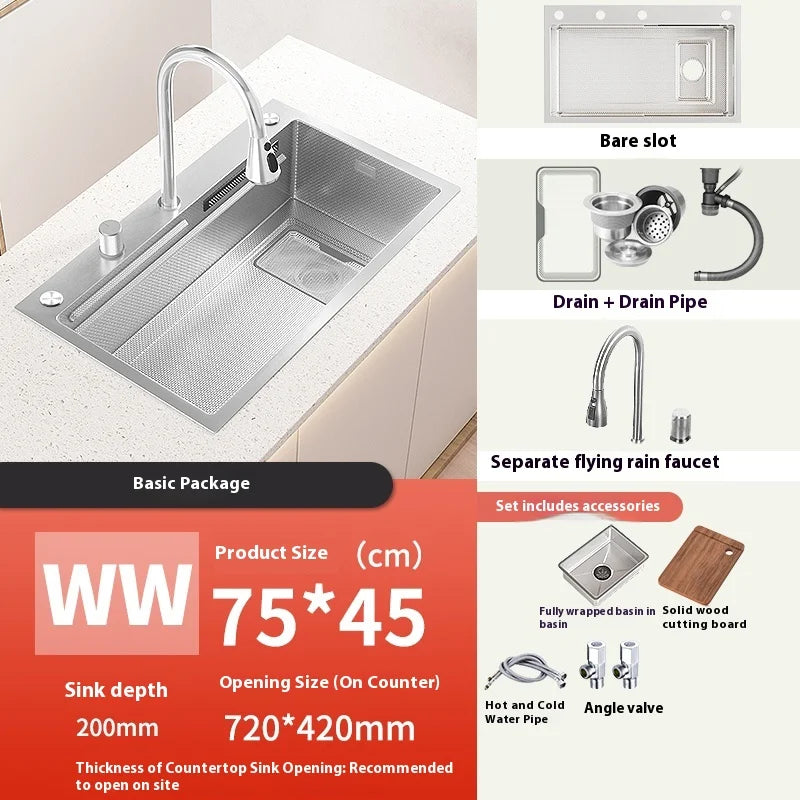 Silver 304 Stainless Steel Waterfall Kitchen Sink Multifunctional Scratch and Wear Resistant Large Single Slot Undermount Basin