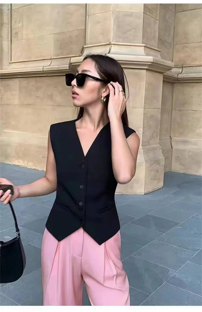 Frühling Sommer Koreanische Mode Weste 2025, Neue Frauen Kurze Mode V-ausschnitt Ärmellose Casual Blazer Weste Mäntel Weibliche Tops