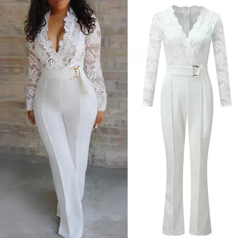 Women White Jumpsuit Lace Stitching Long Sleeve V-neck Large Size Wide Leg Pants Office Lady  Jumpsuits for Woman Lugentolo.