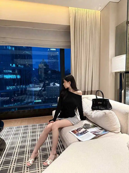 Sexy Long Sleeve T-Shirt Shoulder Bared Waist Cinched Slim Fit Knitted Cotton Solid Color Casual Urban Style for Early Autumn