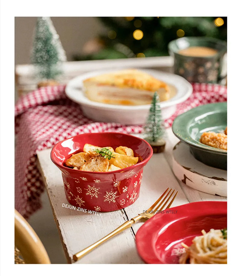 1PC Exquisite Christmas Tableware Ceramic Plates Fruit Salad Plates Breakfast Milk Mugs Household Kitchen Ceramic Noodle Bowls.