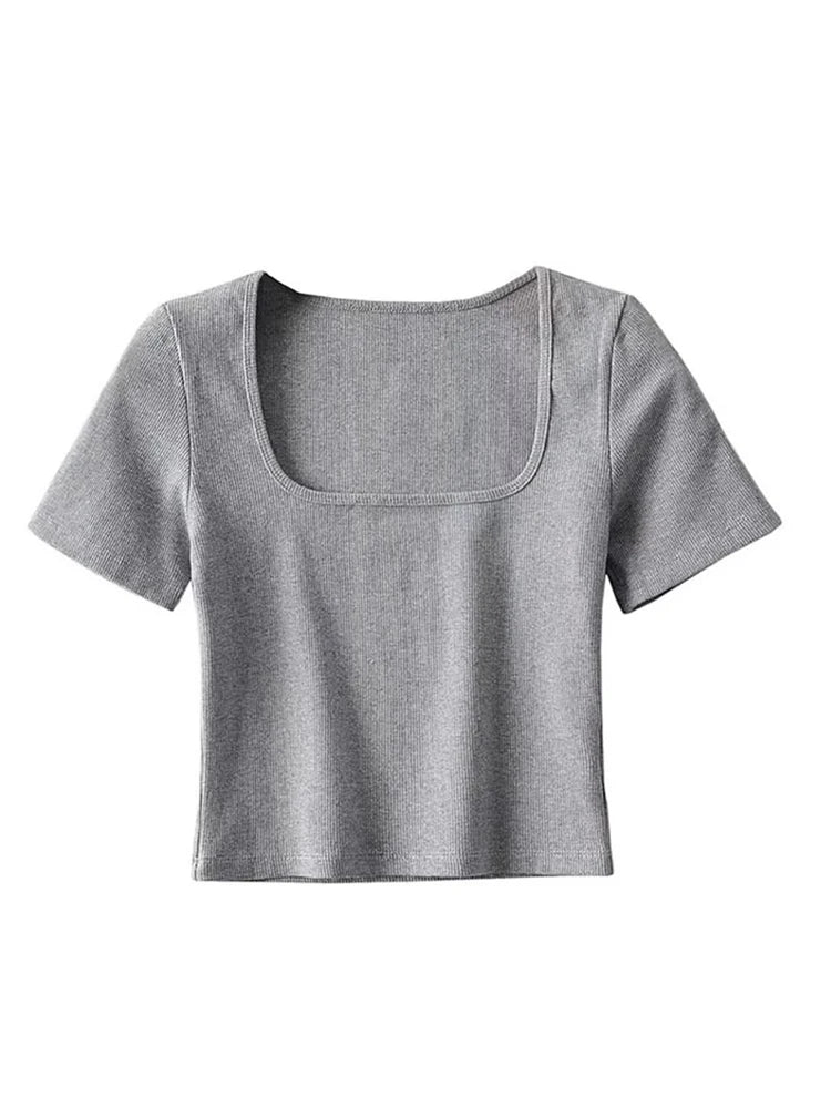 Frauen quadratischen Hals Rippe Ernte T-Shirt Kurzarm Crop Top