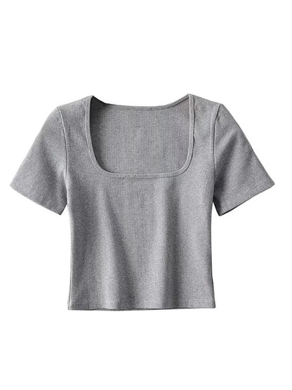 Frauen quadratischen Hals Rippe Ernte T-Shirt Kurzarm Crop Top