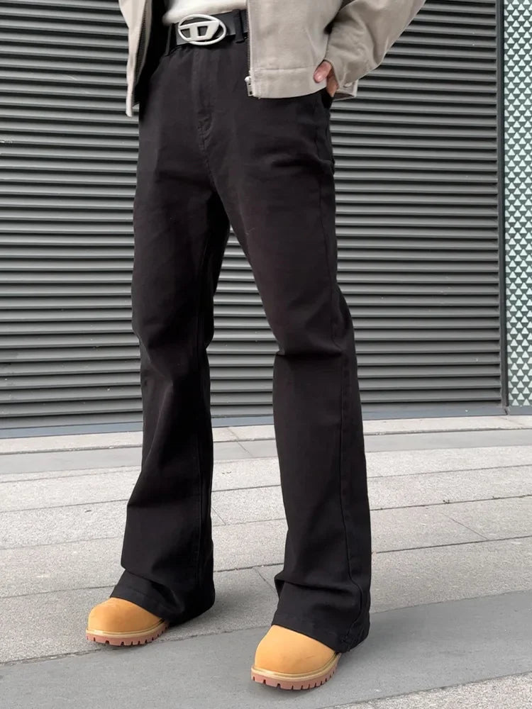New Trendy Vintage Blackbell-bottom Men's Pants Extended Length High-fit Cleanfit Soft Jeans Casual Scene Male Style.