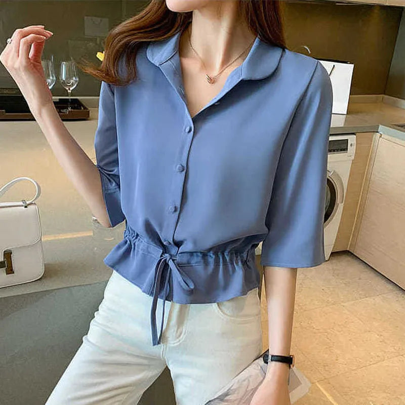 Summer Women All-match Solid Turn-down Collar Half Sleeve Chiffon Shirt Fashion Casual Shirring Single-breasted Blouses Female.